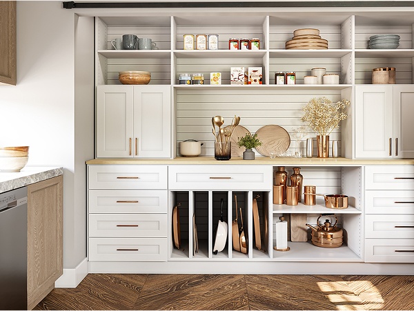 White shelves in a well-stocked pantry